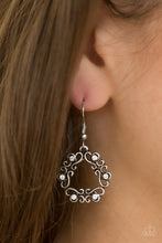 Load image into Gallery viewer, Glistening silver filigree joins into an airy wreath. Dainty white rhinestones are sprinkled across the whimsical palette for a colorful finish. Earring attaches to a standard fishhook fitting.  Sold as one pair of earrings.  Always nickel and lead free.
