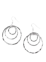 Load image into Gallery viewer, Delicately hammered in glistening shimmer, asymmetrical hoops cascade from the ear, creating a dizzying lure. Earring attaches to a standard fishhook fitting.  Sold as one pair of earrings.