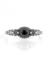 Load image into Gallery viewer, Dotted with an earthy black stone center, a dainty silver cuff radiating with shimmery southwestern inspired detail curls around the wrist for a seasonal look.  Sold as one individual bracelet.