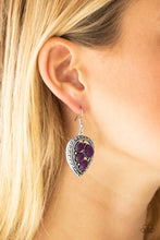 Load image into Gallery viewer, Varying in size, polished purple beads are sprinkled across the center of an asymmetrical heart-shaped frame for a whimsical look. Earring attaches to a standard fishhook fitting.  Sold as one pair of earrings.  Always nickel and lead free,