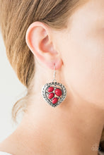 Load image into Gallery viewer, Varying in size, polished red beads are sprinkled across the center of an asymmetrical heart-shaped frame for a whimsical look. Earring attaches to a standard fishhook fitting.  Sold as one pair of earrings.  Always nickel and lead free.