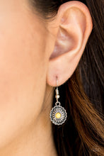 Load image into Gallery viewer, A dainty yellow bead is pressed into a shimmery silver frame radiating with floral details for a seasonal look. Earring attaches to a standard fishhook fitting.  Sold as one pair of earrings.  Always nickel and lead free.
