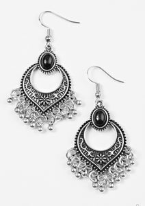 Embossed in a feminine floral pattern, a glistening silver frame gives way to a silver beaded fringe. A black bead is pressed into the top of the frame, adding a perfect pop of color to the wanderlust palette. Earring attaches to a standard fishhook fitting.  Sold as one pair of earrings