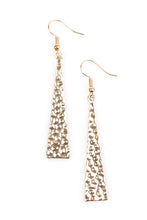 Load image into Gallery viewer, Hammered in endless shimmer, a triangular gold plate swings from the ear in a fierce fashion. Earring attaches to a standard fishhook fitting.  Sold as one pair of earrings.
