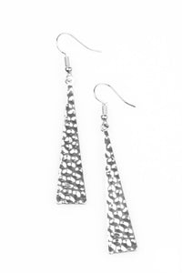 Hammered in endless shimmer, a triangular silver plate swings from the ear in a fierce fashion. Earring attaches to a standard fishhook fitting.  Sold as one pair of earrings.