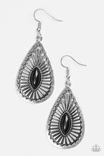 Load image into Gallery viewer, A shiny black bead is pressed into the center of a textured silver teardrop, creating a tribal inspired lure. Earring attaches to a standard fishhook fitting.  Sold as one pair of earrings.  
