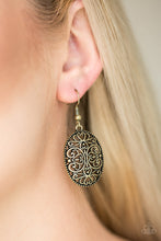 Load image into Gallery viewer,   Glistening brass filigree climbs an oval brass frame, creating a whimsical lure. Earring attaches to a standard fishhook fitting.  Sold as one pair of earrings.  Always nickel and lead free.