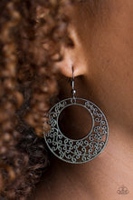 Load image into Gallery viewer, Dotted gunmetal filigree climbs an airy silver frame for a seasonal look. Earring attaches to a standard fishhook fitting.  Sold as one pair of earrings.