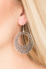 Load image into Gallery viewer, Dotted silver filigree climbs an airy silver frame for a seasonal look. Earring attaches to a standard fishhook fitting.  Sold as one pair of earrings.
