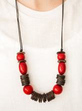 Load image into Gallery viewer, Brushed in a vibrant finish, red wooden beads and brown wooden discs are threaded along shiny brown cording for a summery look. Features an adjustable sliding knot closure.  Sold as one individual necklace. Includes one pair of matching earrings.