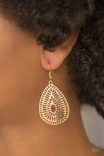 Load image into Gallery viewer, Rippling with grate-like stenciled detail, a shiny gold teardrop frame swings from the ear for a seasonal look. Earring attaches to a standard fishhook fitting.  Sold as one pair of earrings.  Always nickel and lead free.
