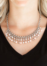 Load image into Gallery viewer, Glittery white rhinestones and classic pink and silver pearls swing from the bottom of interlocking silver chains, creating a bubbly fringe below the collar. Features an adjustable clasp closure.  Sold as one individual necklace. Includes one pair of matching earrings.  
