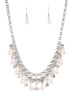 Load image into Gallery viewer, Glittery white rhinestones and classic pink and silver pearls swing from the bottom of interlocking silver chains, creating a bubbly fringe below the collar. Features an adjustable clasp closure.  Sold as one individual necklace. Includes one pair of matching earrings.