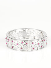 Load image into Gallery viewer, Filled with vine-like filigree, shimmery silver frames are threaded along stretchy bands around the wrist for a whimsical look. Dainty pink rhinestones are sprinkled along the ornate frames for a sparkling finish.  Sold as one individual bracelet.