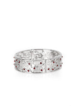 Load image into Gallery viewer, Filled with vine-like filigree, shimmery silver frames are threaded along stretchy bands around the wrist for a whimsical look. Dainty red rhinestones are sprinkled along the ornate frames for a sparkling finish. Sold as one individual bracelet.
