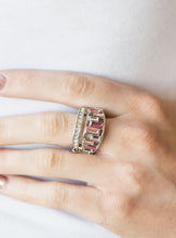 Load image into Gallery viewer, A row of emerald cut glass beads in shades of pink and white sparkle alongside a row of classic rhinestones.  Sold as one individual ring.